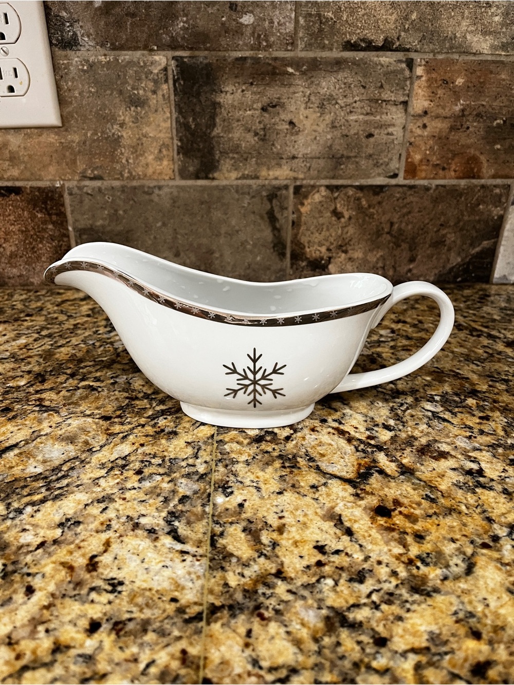 White Porcelain Gravy Boat with Silver Snowflake Accent